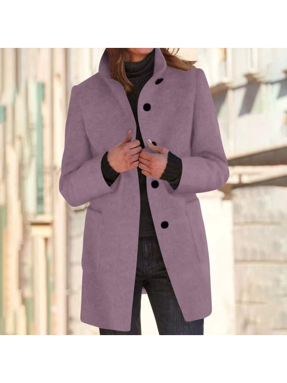 Pea Coats for Women Wool Blend Single Breasted Trench Coats Casual Stand Collar Thick Overcoat Warm Winter Jackets Purple S