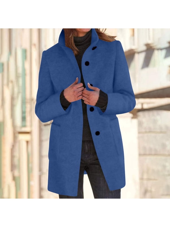 Pea Coats for Women Wool Blend Single Breasted Trench Coats Casual Stand Collar Thick Overcoat Warm Winter Jackets Sky Blue M