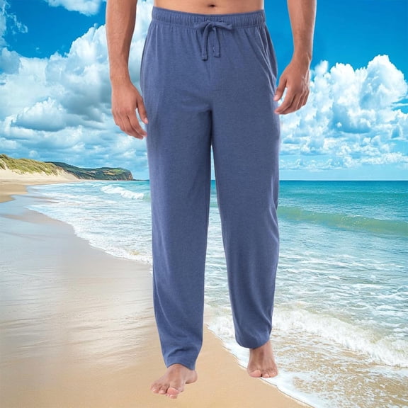 CQONEPT Pj Pants for Men Sleepwear Lightweight Home Pants Casual Comfy Baggy Tapered Elastic Waisted Drawstrings Pant with Pockets Blue XXXL