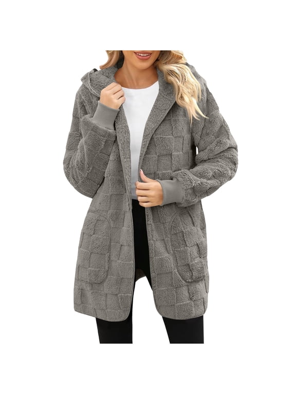 Plaid Jacket Women Plus Size Long Sherpa Jacekt Hooded Cardigan Open Front Fuzzy Coats Comfy Soft Winter Warm Shacket Gray 5XL