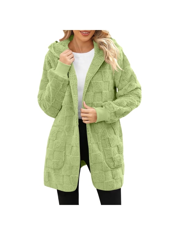 Plaid Jacket Women Plus Size Long Sherpa Jacekt Hooded Cardigan Open Front Fuzzy Coats Comfy Soft Winter Warm Shacket Green 2XL