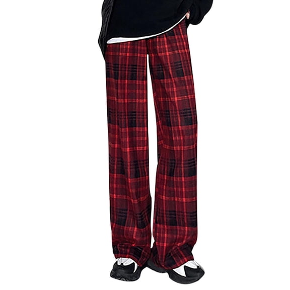 CQONEPT Plaid Pants Wide Leg Elastic Waisted Drawstring Pant Casual Loose Fit Streetwear Lightweight Pant with Pocket Red M