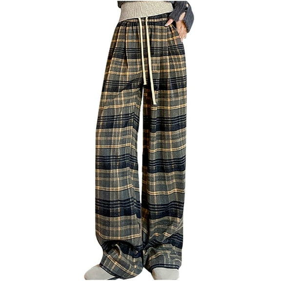 CQONEPT Plaid Pants Wide Leg Elastic Waisted Drawstring Pant Casual Loose Fit Streetwear Lightweight Pant with Pocket Yellow XL
