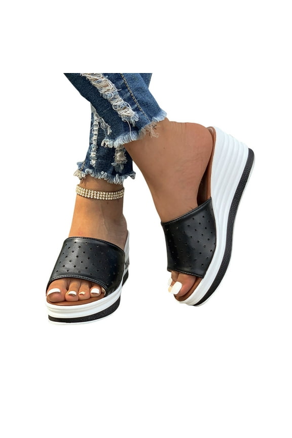 Platform Sandals for Women - Soft Memory Foam Padded Platform Wedges Sandals - Slip On Platform Slides - Comfy Open Toe Mules Platform Sandals Summer Casual Size 7 Gray