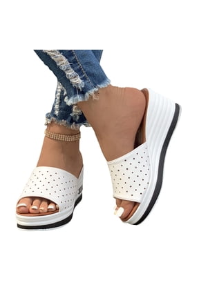 Platform Sandals for Women - Soft Memory Foam Padded Platform Wedges Sandals - Slip On Platform Slides - Comfy Open Toe Mules Platform Sandals Summer Casual Size 6 Khaki