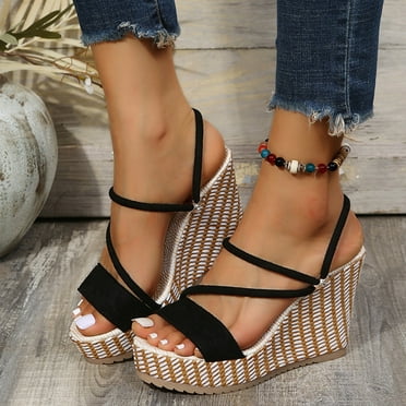 CQONEPT Platform Wedges Sandals for Women, Ankle Strap Open Toe Wedge Espadrilles Sandals, Ankle-Strap Comfortable Casual Summer Wedges Shoes Espadrilles Heel Shoes Size 5 Black