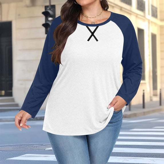CQONEPT Plus Size Baseball Tee Shirts for Women Long Sleeve Raglan Tshirts Fall Fashion Color Block Pullover Outfit Navy 2XL