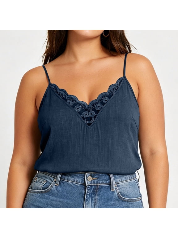 Plus Size Halter Top for Womens V Neck Lace Casual Camisole Summer Fashion Top Sleeveless Lightweight Tanks Navy XXL