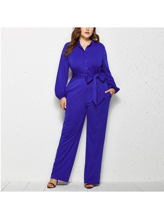Plus Size Romper for Women Removable Belt Jumpsuit Casual Button Down Trendy Fashion Coveralls with Pockets Blue 5XL
