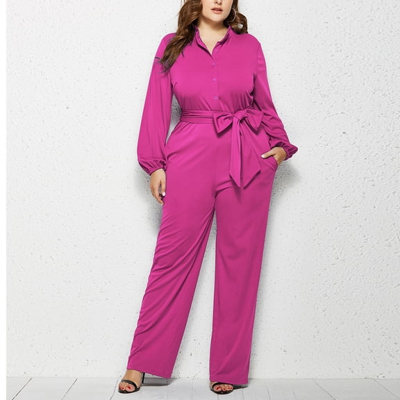 CQONEPT Plus Size Romper for Women Removable Belt Jumpsuit Casual Button Down Trendy Fashion Coveralls with Pockets Hot Pink 3XL