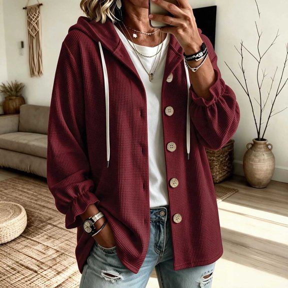 CQONEPT Waffle Jackets for Women Knit Hooded Button Jacket Lightweight Casual Hooded Layering Outerwear Drawstring Fall Fashion Outfit S