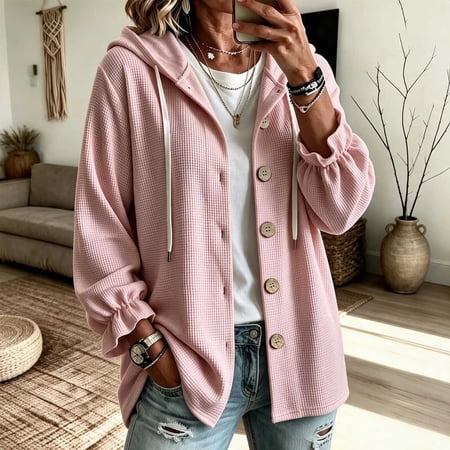 CQONEPT Waffle Jackets for Women Knit Hooded Button Jacket Lightweight Casual Hooded Layering Outerwear Drawstring Fall Fashion Outfit L