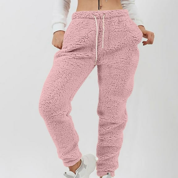CQONEPT Plus Size Sherpa Lined Pj Pants for Womens Drawstring Thermal Pant Warm Winter Outdoor Home Wear Bottoms Pink 4XL