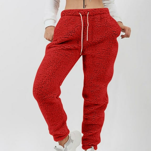 CQONEPT Plus Size Sherpa Lined Pj Pants for Womens Drawstring Thermal Pant Warm Winter Outdoor Home Wear Bottoms Red 6XL