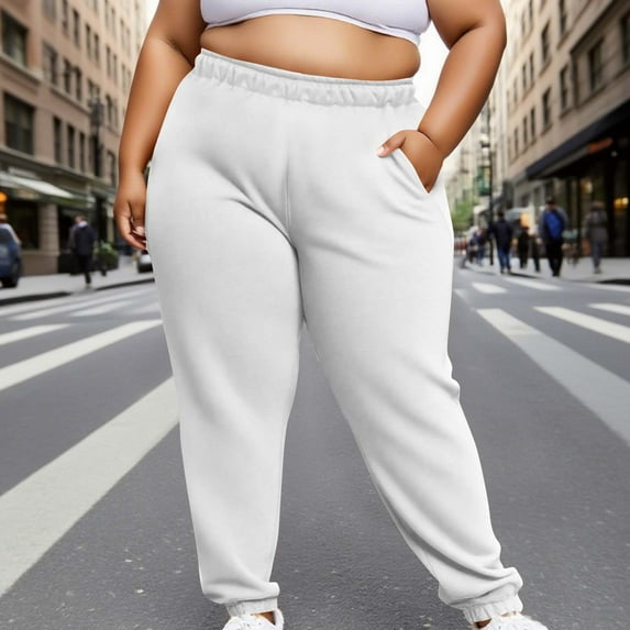CQONEPT Plus Size Sweatpants for Women Loose Fit Casual Fleece Pant Elastic Waisted Tapered Fall Winter Trousers with Pocket White 5XL
