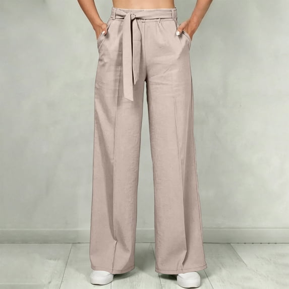 CQONEPT Plus Size Wide Leg Palazzo Pants for Women Dressy Casual Baggy Pant Elastic Waist Lightweight Fashion Trousers Beige M