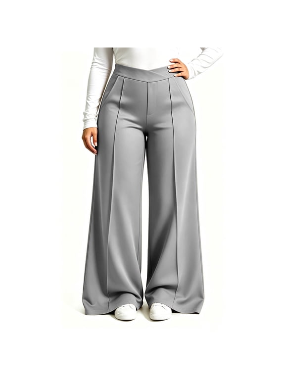 Plus Size Wide Leg Pants for Women Dressy High Waisted Work Long Pants Fall Fashion Casual Flowy Lounge Trousers Gray XL