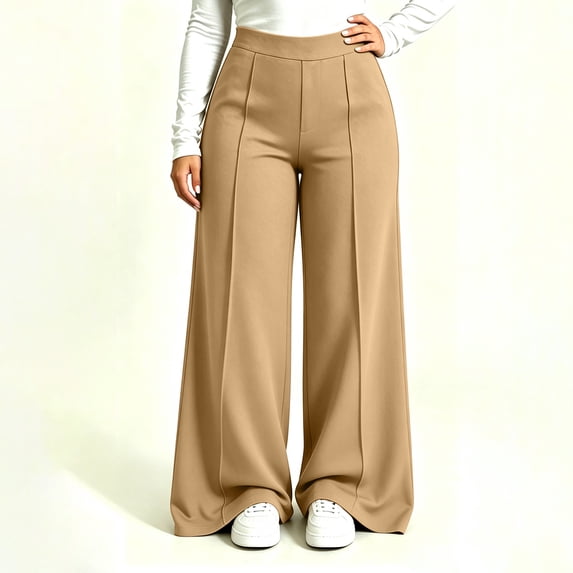 CQONEPT Plus Size Wide Leg Pants for Women Dressy High Waisted Work Long Pants Fall Fashion Casual Flowy Lounge Trousers Khaki XL
