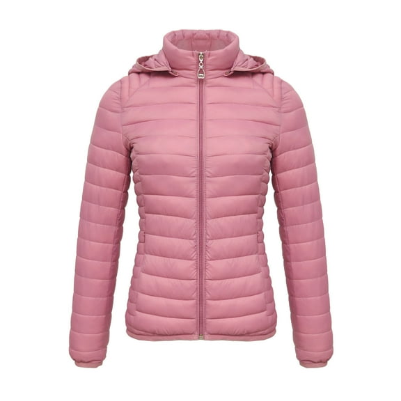 CQONEPT Puff Overcoat for Womens Full Zip Hooded Overcoat Quilted Puffer Rain Jacket Lightweight Solid Winter Coat Hot Pink L