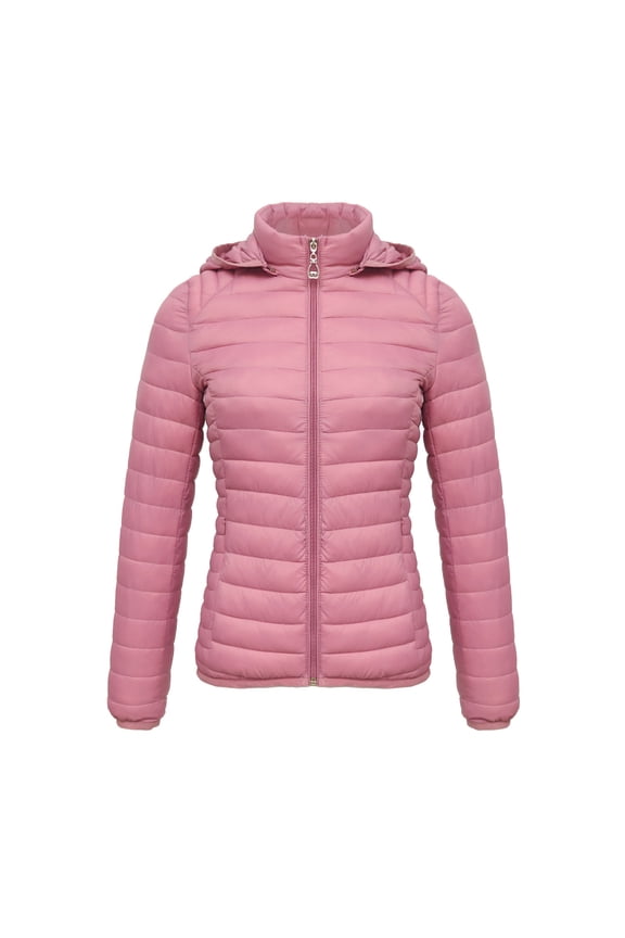 Puff Overcoat for Womens Full Zip Hooded Overcoat Quilted Puffer Rain Jacket Lightweight Solid Winter Coat Hot Pink L