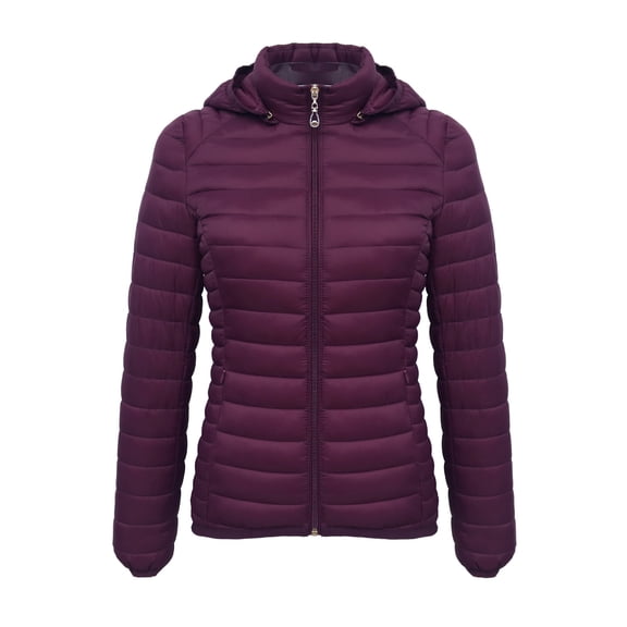 CQONEPT Puff Overcoat for Womens Full Zip Hooded Overcoat Quilted Puffer Rain Jacket Lightweight Solid Winter Coat Purple S