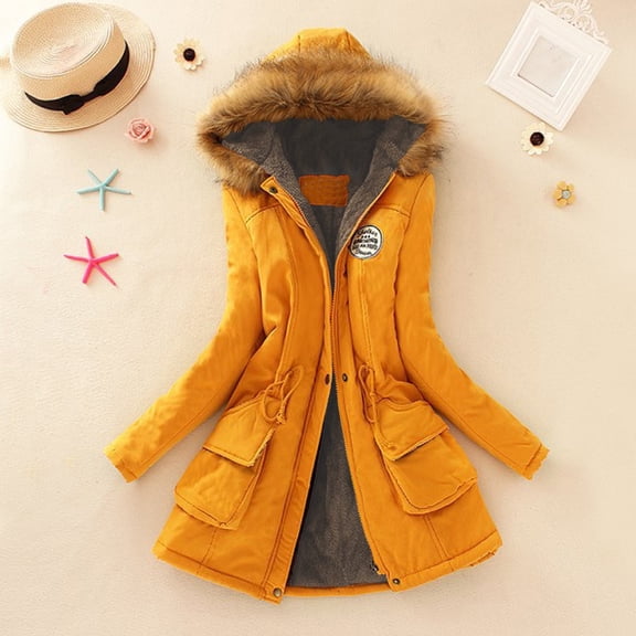 CQONEPT Puff Padded for Womens Fleece Hooded Jacket Adjustable Waist Long Overcoat Full Zip Thicken Coats with Pockets Yellow 3XL