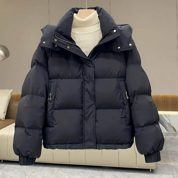 CQONEPT Puffer Jacket for Womens Lapel Neck Puff Padded Quilted Down Coats Fleece Lined Hoodie Overcoat with Zip Pockets Black XL
