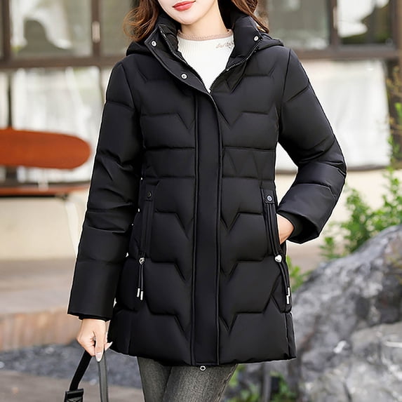 CQONEPT Puffer Jacket for Womens Zip Up Puff Padded Quilted Puffer Overcoat Insulated Down Outerwear with Pockets Black M