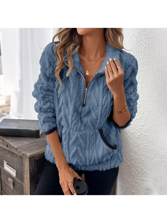Pullover Top Women Cable Fuzzy Fleece Pullover Sherpa Fall Winter Warm 3/4 Zip Sweatshirt with Pocket Blue Blue,XL