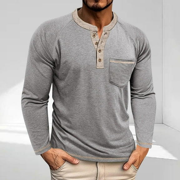 CQONEPT Pullover Tops for Mens Button Henley Tunic Tops Dressy Casual Long Sleeve Shirts Basic Trendy Clothes Gray L