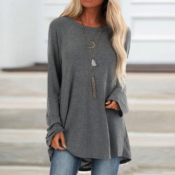 CQONEPT Pullover Tops for Womens Scoop Neck Loose Fit Long Sleeve Shirts Lightweight Solid Tunic Tops Gray XL