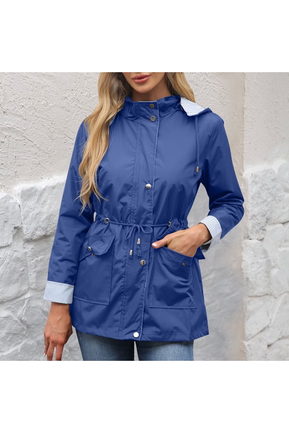 Rain Jacket for Womens Waterproof Windproof Peacoat Coats Softshell Drawstring Button Outerwear with Pockets Blue 2XL