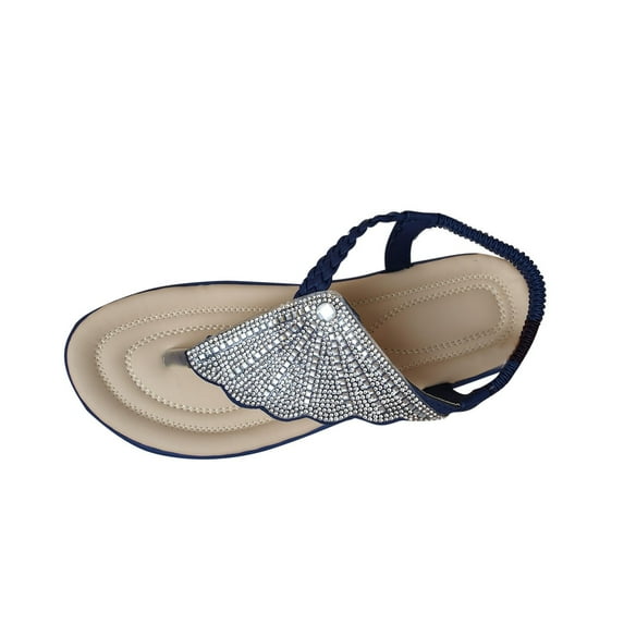CQONEPT Rhinestone Flat Sandals,Women's Pearl Decor Clear Straps Open Toe Flat Sandals Elastic Ankle Strap Sandals Slip on Open Toe Cute Flat Sandals for Summer Beach Sandals Blue Size 6