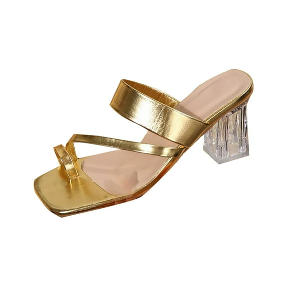 CQONEPT Rhinestone Sandals for Women - Low Block Heels Sandals- Sparkly Wedding Chunky Heels Sandals - Slip on Heeled Sandal Mule- Heels for Party Wedding Dress Shoes Gold Size 9