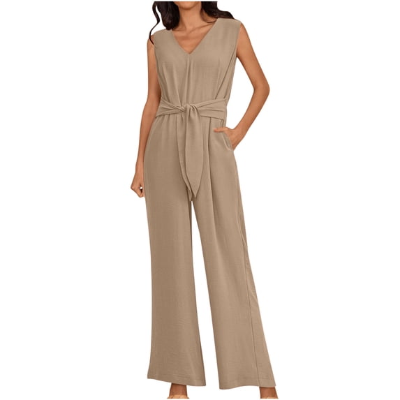 CQONEPT Romper for Womens Wide Leg V Neck Drawstring Jumpsuit Sleeveless Casual Outfits Clohes with Pockets Khaki M