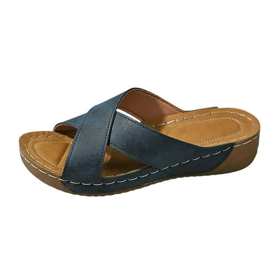 CQONEPT Sandals Women Wedge Shoes: Comfortable Womens Orthopedic Sandal Dressy Summer Flip Flops Fashion Walking Wedges with Adjustable Navy Size 7
