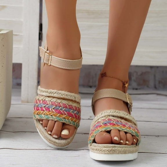 CQONEPT Sandals for Women, Platform Ankle Strap Womens Sandals Open Toe Espadrille Wedge Sandals for Women Casual Summer Womens Shoes Size 8.5 Khaki