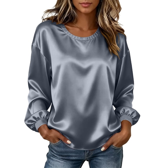 CQONEPT Satin Silk Tops for Womens Long Sleeve Blouse Crewneck Casual T Shirts Elegant Work Tops Blouse Top GrayXL