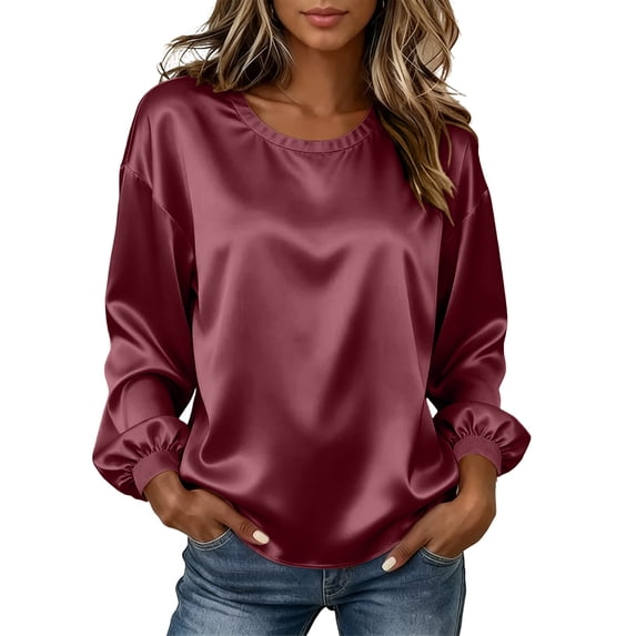 CQONEPT Satin Silk Tops for Womens Long Sleeve Blouse Crewneck Casual T Shirts Elegant Work Tops Blouse Top WineXL