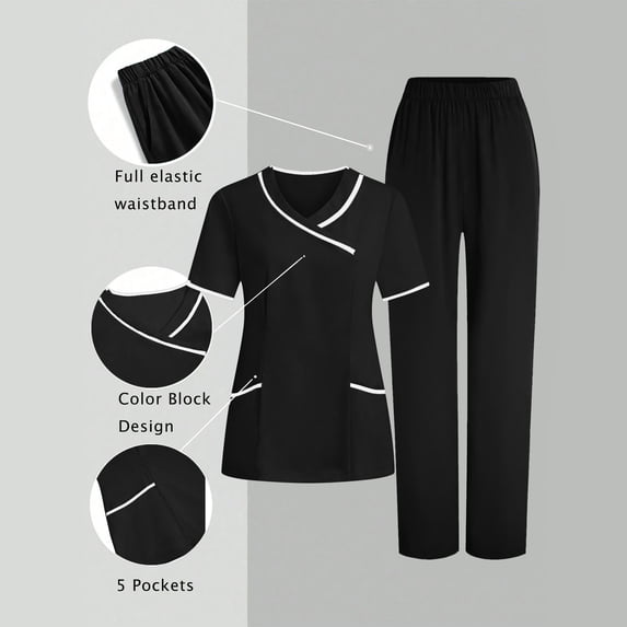 CQONEPT Scrub Outifit for Women Cleaning Jobs Uniform with Multi Pockets Sets V Neck Top and Straight Leg Pants Scrubs Set Black 2XL