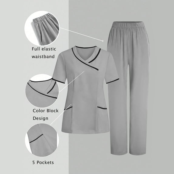 CQONEPT Scrub Outifit for Women Cleaning Jobs Uniform with Multi Pockets Sets V Neck Top and Straight Leg Pants Scrubs Set Gray M