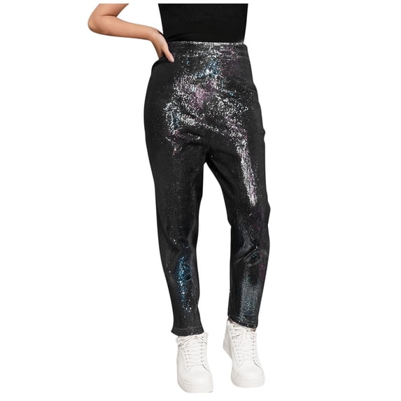 CQONEPT Sequin Pants for Girls High Waist Skinny Leg Dance Pants Sparkly Bling Glitter Fashion Pants Black 13 Years