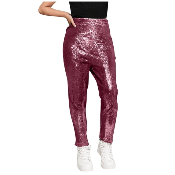CQONEPT Sequin Pants for Girls High Waist Skinny Leg Dance Pants Sparkly Bling Glitter Fashion Pants Hot Pink 11 Years