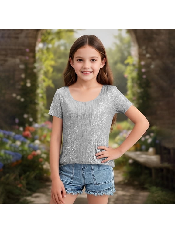 Sequin T Shirts for Girls Sparkly Short Sleeve Crewneck Stretch Tunic Tops Glitter Dressy Casual Blouse Silver 150