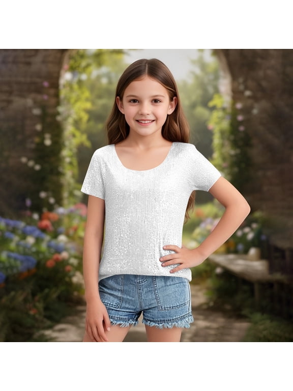 Sequin T Shirts for Girls Sparkly Short Sleeve Crewneck Stretch Tunic Tops Glitter Dressy Casual Blouse White 150