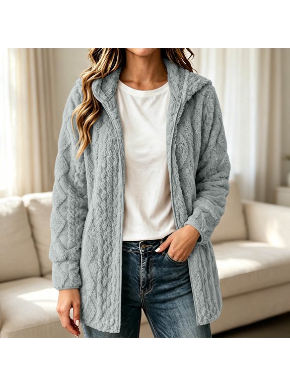 Sherpa Fleece Cardigans Women Fuzzy Open Front Coats Casual Jacquard Fall Winter Warm Hooded Jackets Lounge Outwear 2XL