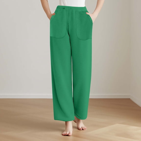 CQONEPT Sherpa Fleece Pajama Pants for Womens Lounge Cozy Soft Pj Pants Warm Winter Home Wear Bottoms with Pockets Green M