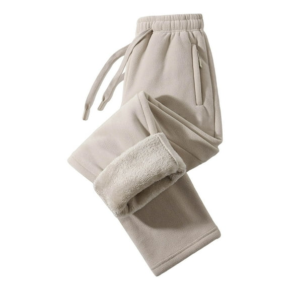 CQONEPT Sherpa Lined Pants for Mens Thermal Warm Winter Pant Drawstring Cozy Soft Casual Trousers with Pockets Khaki M