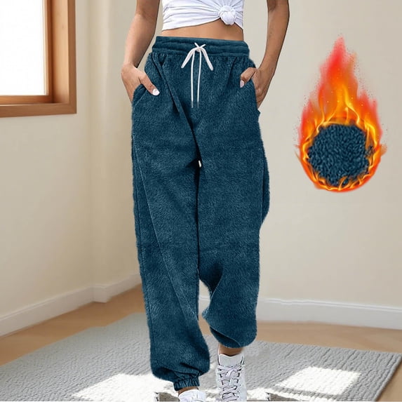 CQONEPT Sherpa Lined Pants for Womens Warm Winter Tapered Pants Fuzzy Cozy Soft Sweatpants with Pockets Navy L