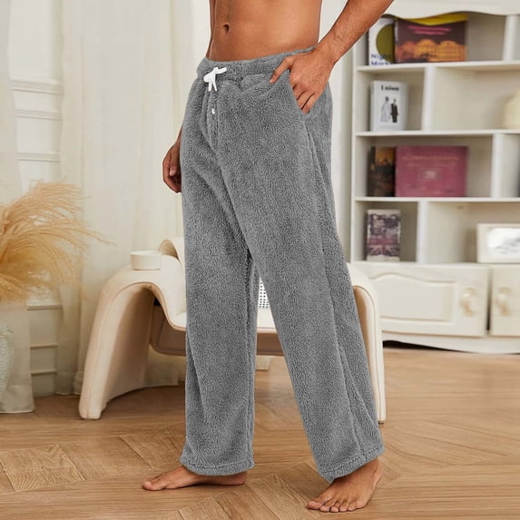 CQONEPT Sherpa Lined Pj Pants for Mens Straight Leg Drawstring Warm Home Wear Casual Loose Fit Pajama Bottom with Pockets Gray L